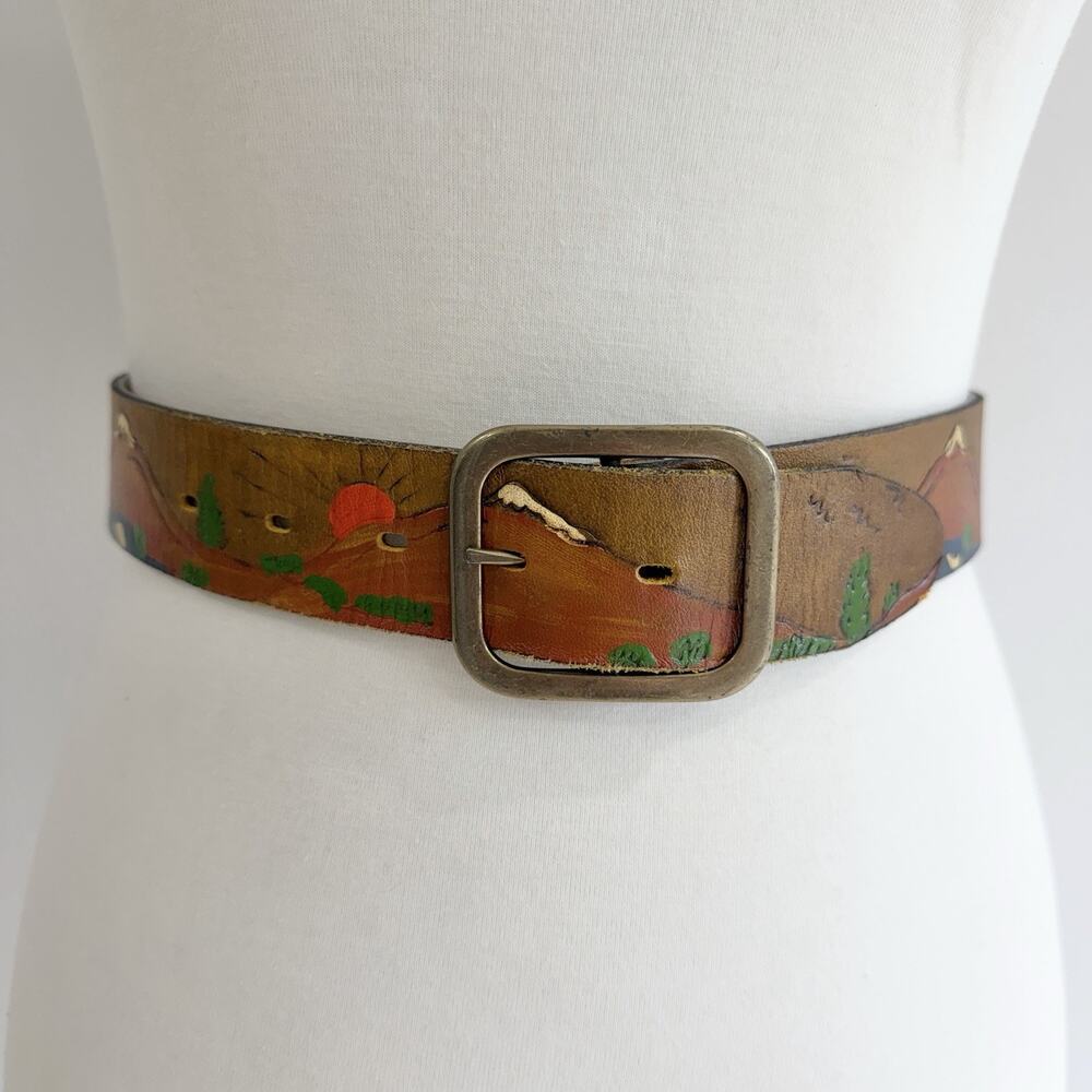 Women’s Hand Painted Genuine Leather Cowhide Sunrise Mountain Belt Size 26